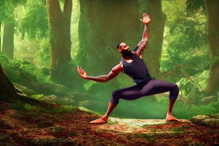 Prompt: lebron james doing yoga in the forest, still from a pixar movie, high quality 3 d render, movie, pixar, renderman, 4 k, artstation