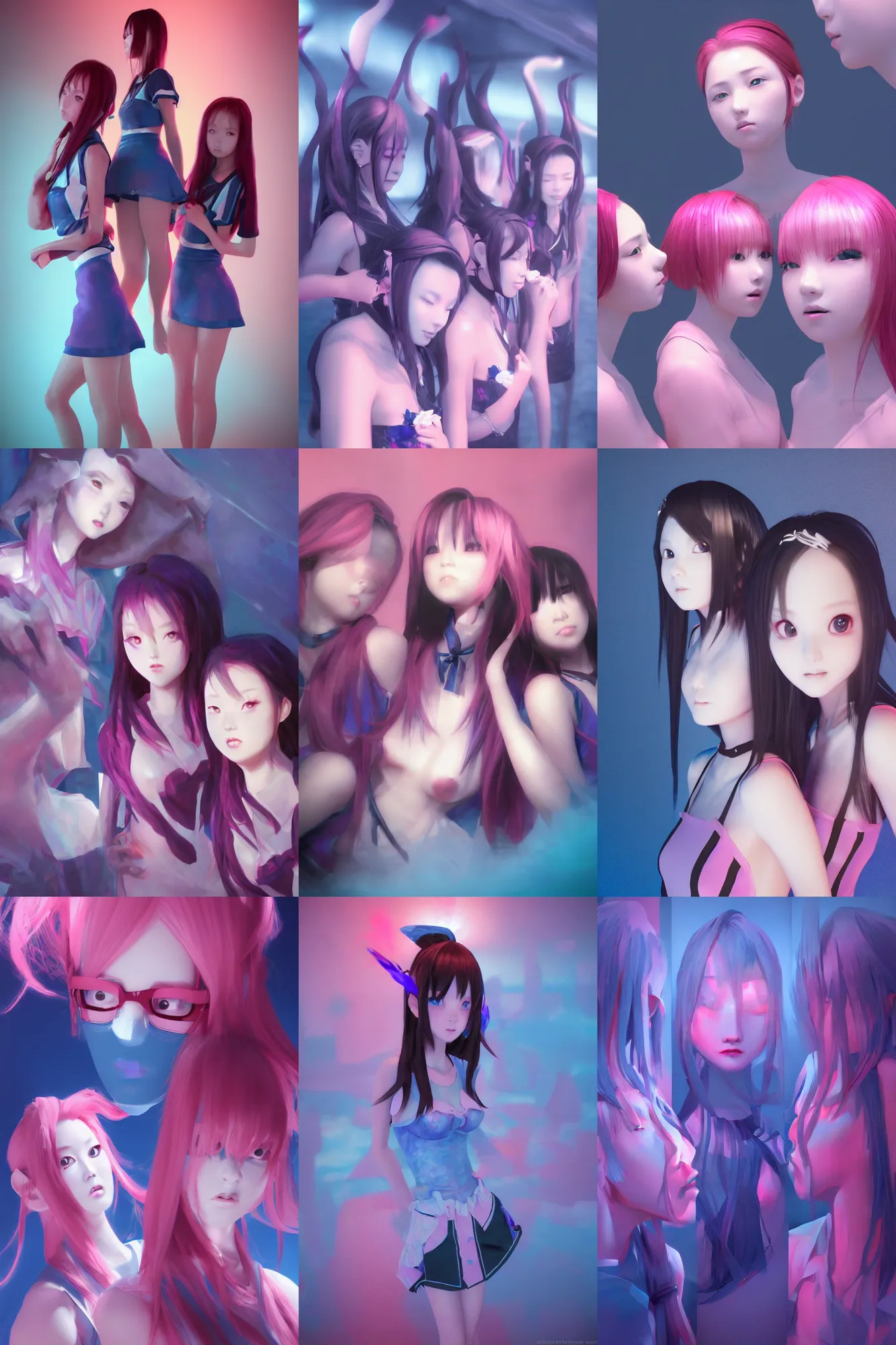 Prompt: 3d dark infrared octane render concept art by D. Jun, by Mo Xiang Tong Xiu, by Igarashi Daisuke, beauty portrait anime schoolgirls taking photo under dark pink and blue water. cute face. minimalists mirror elevator. dramatic light. trending on artstation.