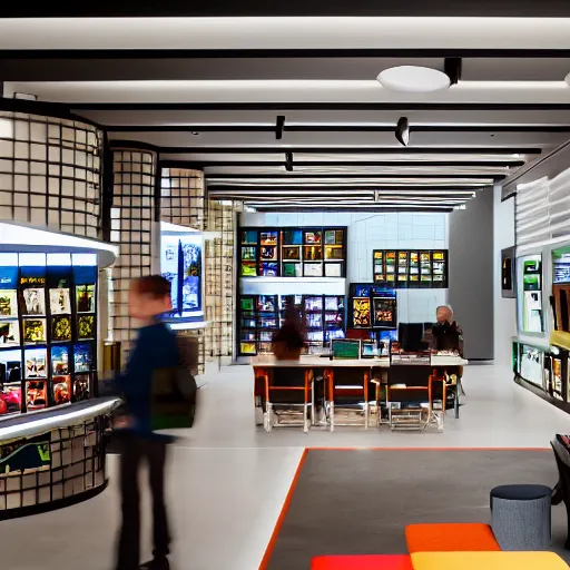 Prompt: photograph of the interior of a Microsoft flagship store in the style of Wes Anderson, architecture magazine, dezeen, 50mm, pentax, film