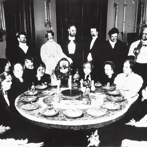 Prompt: people gathered around a ornate table conducting a Victorian séance, Kodak film