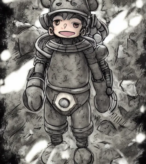 Image similar to beautiful little boy wearing an cyborg bear suit, artwork in kentaro miura and made in abyss, inspired in super bomberman, smooth, beautiful lightness, anatomically correct, trending on pixiv, forest