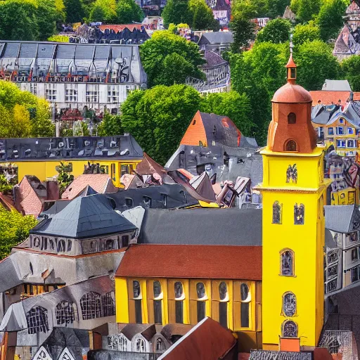 Prompt: a large yellow building with a steeple on top of it, a flemish baroque by karl stauffer - bern, unsplash, heidelberg school, panorama, wimmelbilder, nikon d 7 5 0