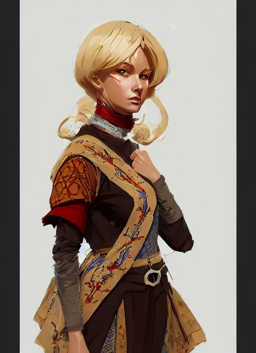 Image similar to a blonde woman wearing medieval tapestry as clothing, by jesper ejsing, ilya kuvshinov, greg rutkowski on artstation