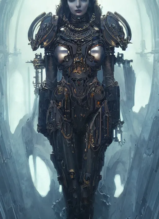 Image similar to portrait of beautiful pale gothic cyborg maiden, warhammer 40000, cyberpunk, intricate, elegant, highly detailed, digital painting, artstation, concept art, smooth, sharp focus, illustration, art by artgerm and greg rutkowski and alphonse mucha and Gustav Klimt