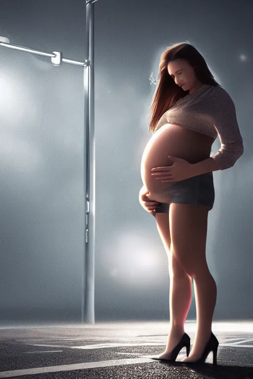 Image similar to pregnant woman under street light, highly detailed, sharp focused, ultra realistic digital concept art, cinematic shot, 4k.