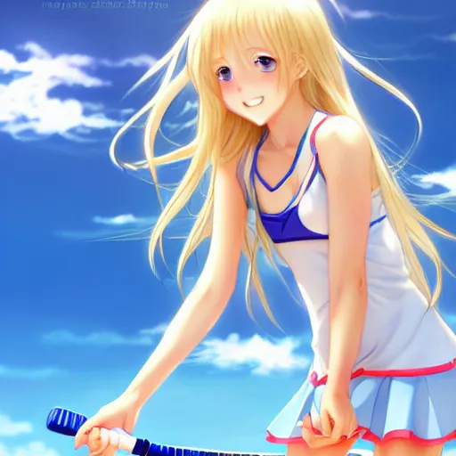 Image similar to a very beautiful young anime tennis girl, long blond hair, sky blue eyes, full round face, short smile, bikini, miniskirt, highly detailed, cinematic wallpaper by stanley artgerm lau