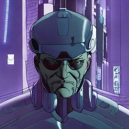 Prompt: Batou in the style of Ghost in the shell. Moebius, cyberpunk, masterpiece