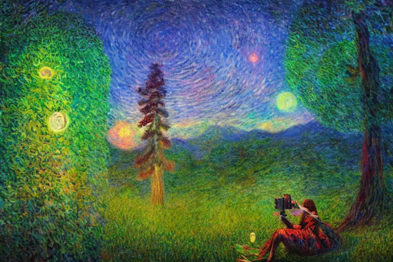 Image similar to photorealistic 🌲🌌 by pedro correa, monet, android jones, alex grey, chris dyer, and aaron brooks