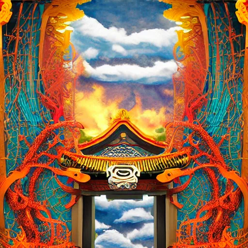 Image similar to infinite majestic shinto shrine portal, dark gate, magic door, pyromancer mage : : 1 full of colorpalette rippled layers, clouds, vines, swirls, curves, ultra fine detail, swirling clouds, artstation trending, art nouveau, raytracing, highly detailed, magic art nouveau rococo architecture