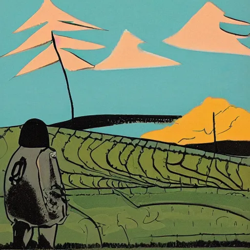 Image similar to a landscape and two silhouettes by tomi hungerer, illustration