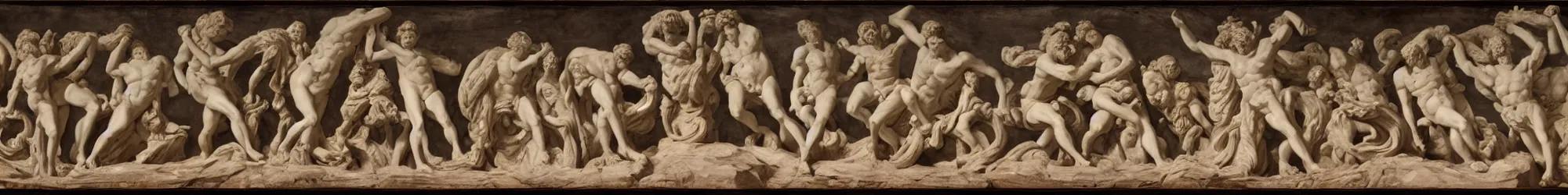 Prompt: long line-up of laocoon and his sons struggling with serpents, full body view, white background