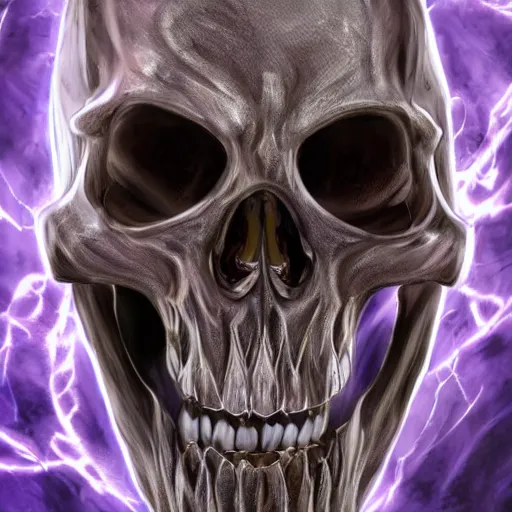 Image similar to a detailed portrait of a fancy skeleton with expressive features and metallic teeth, metal teeth, skeleton in a suit, purple glowing eyes, fantasy art, character, wizard, barbarian