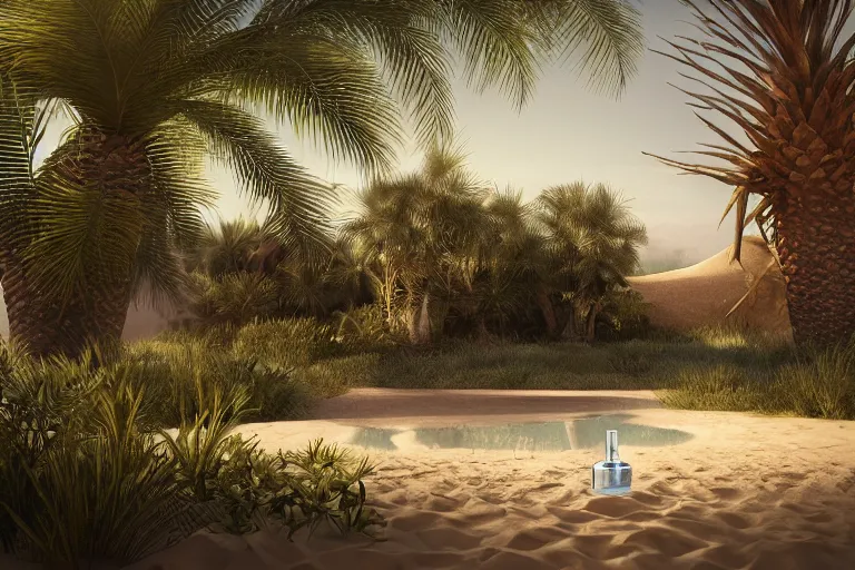 Image similar to perfume bottle buried in oasis in the middle of a desert, dramatic, small pond middle frame, palm trees, bushes, mid day, sand dune background, large scale, hyperrealistic, lots of detail, realistic lighting, octane render, by wlop, artgerm, trending on artstation