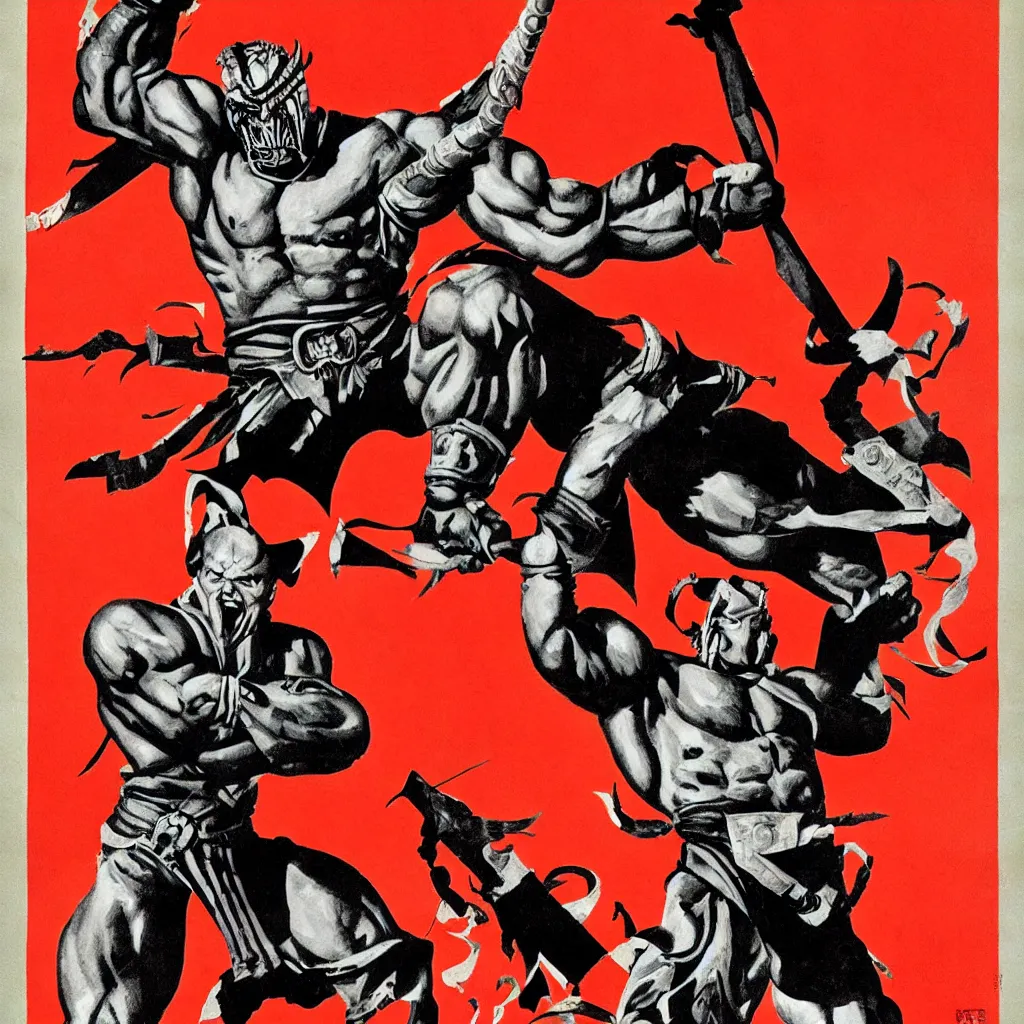 Image similar to shao kahn, soviet union, propaganda poster, art