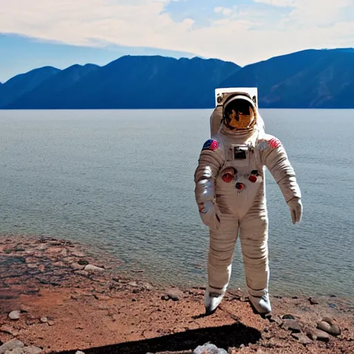 Image similar to an astronaut standing in the water of Lake Baikal and looking at the mountains