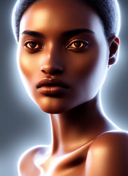 Image similar to beautiful female portrait, brown skin, composite, attractive facial features, mist, intricate, symmetrical!!, makeup, maybelline, depth of field, cinematic, filmic, vsco, concept art, artstation, digital painting, elegant, model, gorgeous, vray, cinema 4 d, octane render, ambient occlusion, prism lights