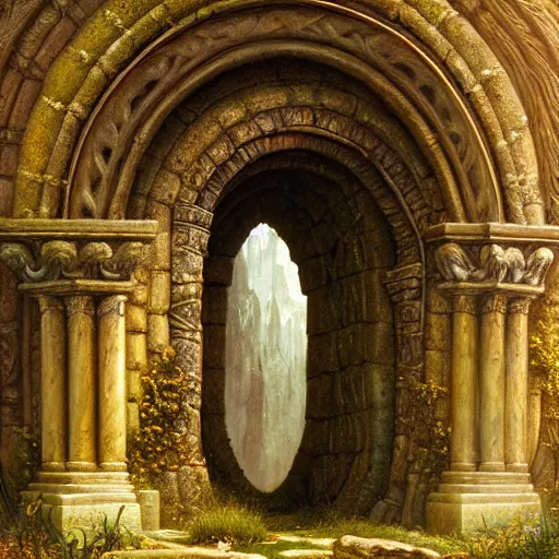 Prompt: a beautiful and highly detailed matte painting of an ancient elven doorway to avalon, epic scale, insanely complex, hyperdetailed, sharp focus, hyperrealism, artstation, cgsociety, 8 k, by caspar friedrich, albert bierstadt, james gurney, brian froud,