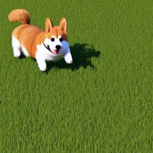 Prompt: corgi running in a grassy field on a bright sunny day, pixel art, cute, happy