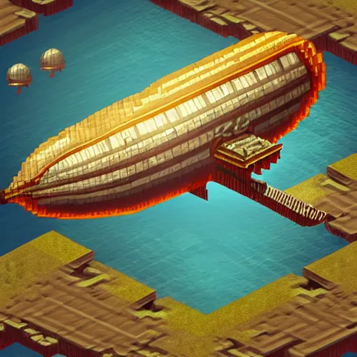 Prompt: Photo of airship in steampunk, pixel art, colorful, ArtStation, Unreal Engine, isometric view. Game RPG