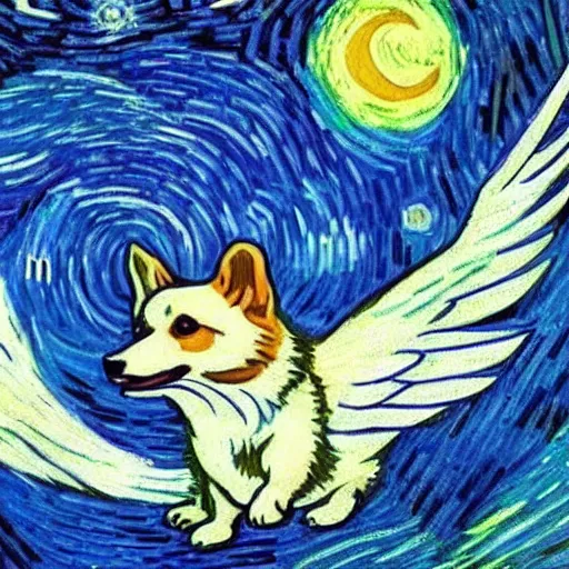 Image similar to corgi with [ angelic wings ]!!, [ flying like a superhero ]!! in the [ night sky ]!! where the stars are visibly perceptible, [ realistic photo ]!!, [ illustrated by vincent van gogh ]!!, trending on artstation