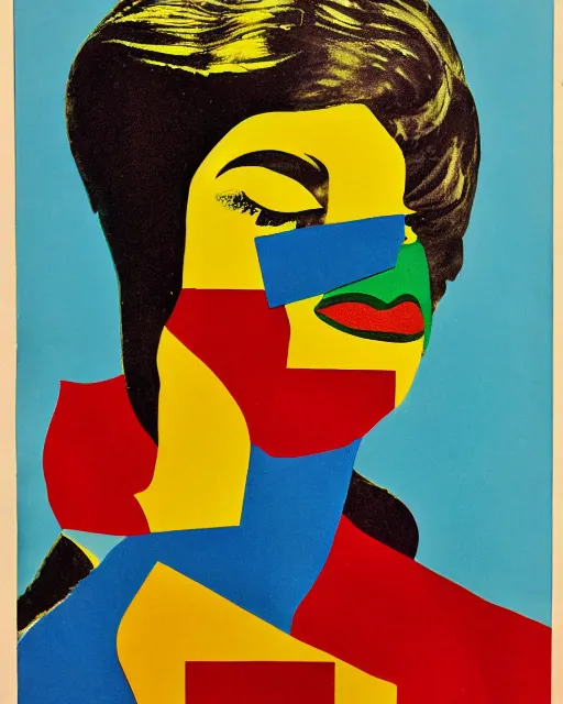 Image similar to cut and paste collage, 1 9 6 0 s, pop art, color block, flower print, primary colors, smooth textures, a woman's face