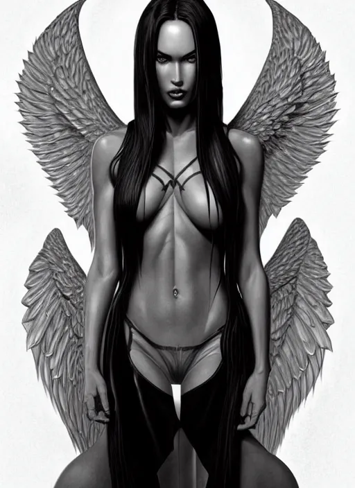 Image similar to symmetry!! gantz portrait of megan fox as an angel, unholy, intricate, highly detailed, dynamic lighting, digital art, digital painting, artstation, terence nielsen, sharp focus, illustration, art by artgerm and greg rutkowski and moebius, 8 k