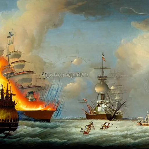 Prompt: oilpainting of a naval battle in 1742, with a ship on fire, and a ufo with aliens