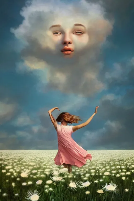 Image similar to face made of giant white daisy flower, girl dancing in a flower field, surreal photography, sunrise, dramatic light, impressionist painting, colorful clouds, digital painting, artstation, simon stalenhag
