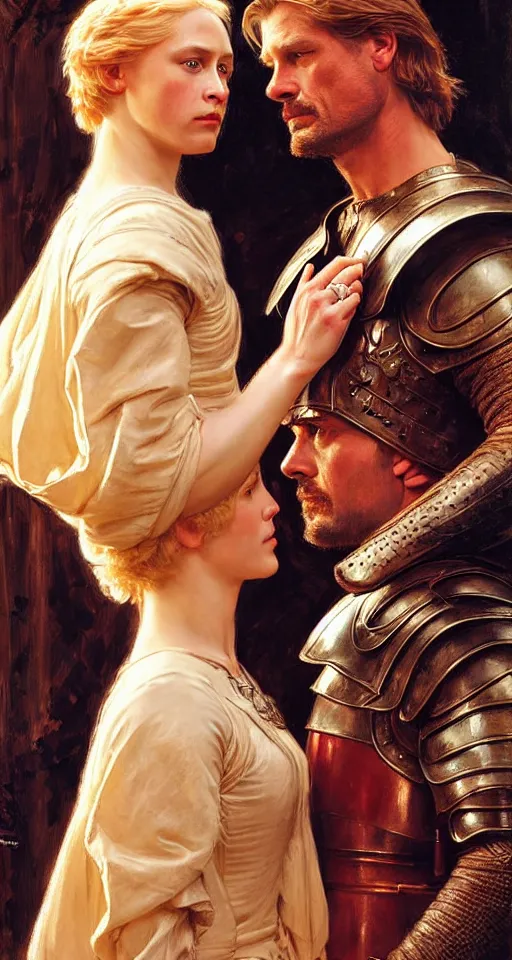 Image similar to attractive fully clothed jaime lannister confesses his love for attractive fully armored brienne of tarth. highly detailed painting by gaston bussiere and j. c. leyendecker 8 k