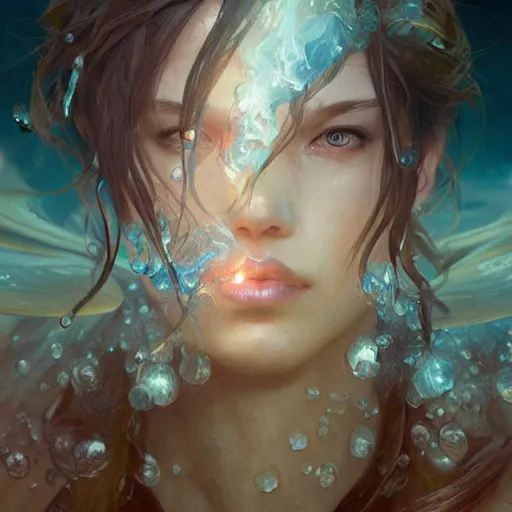 Image similar to water elemental, lifelike, portrait, highly detailed, digital painting, artstation, concept art, sharp focus, illustration, cinematic lighting, art by artgerm and greg rutkowski and alphonse mucha