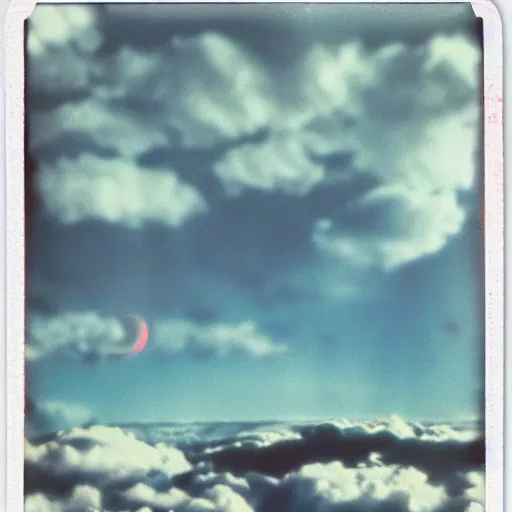 Image similar to vintage polaroid of an alien landscape, detailed clouds, planets visible in the sky, warm azure tones, red color bleed, film grain