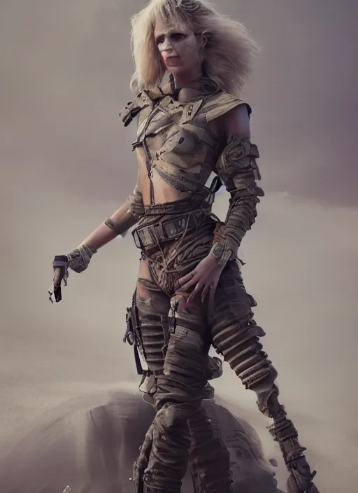 Image similar to full body concept art illustration pastel painting of a female mad max in intricate clothing, beautiful face, ultra detailed, octane render, 8K, dystopian, micro details