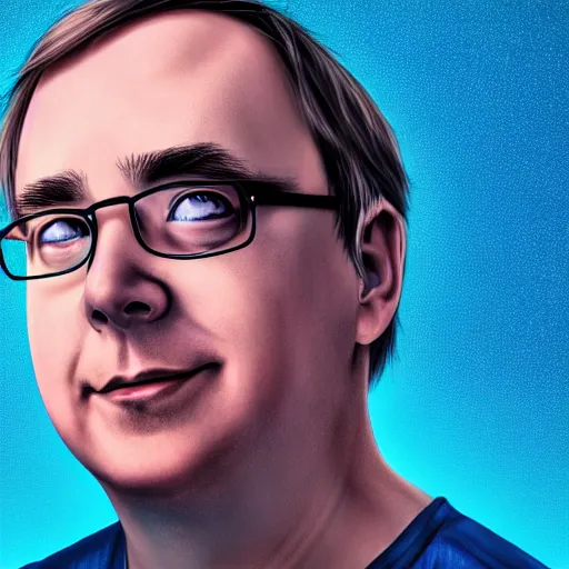 Image similar to Linus Torvalds as a greek god, glowing eyes, modelsociety, radiant skin, huge anime eyes, RTX on, perfect face, directed gaze, intricate, Sony a7R IV, symmetric balance, polarizing filter, Photolab, Lightroom, 4K, Dolby Vision, Photography Award