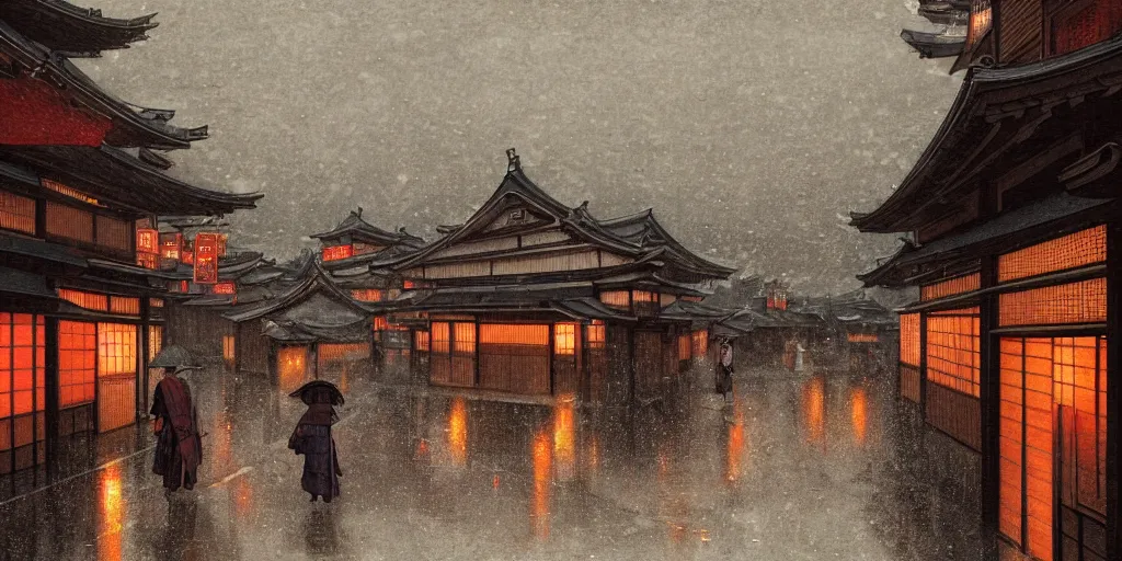 Prompt: feudal japan tokyo street at dusk, raining, detailed reflections, on a postcard, cinematic lighting!!, 4k, trending on artstation, intricate ink illustration, rule of thirds, center focus, art by albert bierstadt