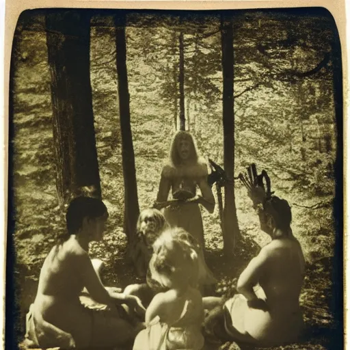 Prompt: a ritual in the woods daguerrotype