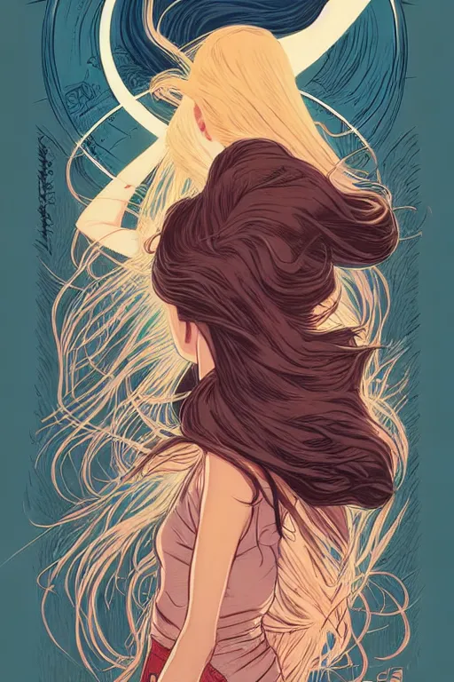 Prompt: concept art design illustration, teen girl walking away alone street flowing hair, sad, fantasy book cover, young adult book cover style, illustration!!, 4 colors, logo, ink drawing, art by jc leyendecker and sachin teng