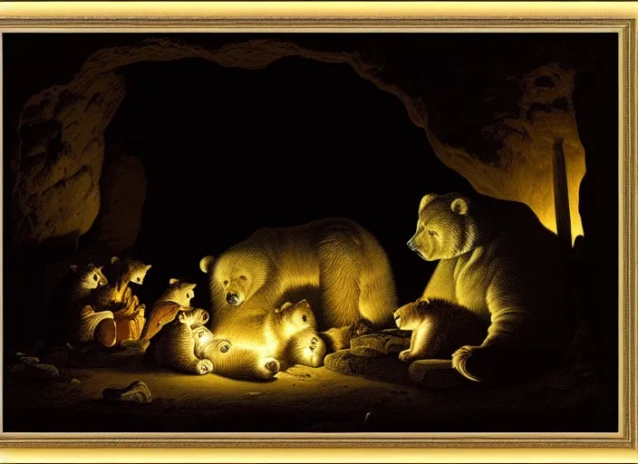 Image similar to Pieter Claesz's 'bear and her cubs sleeping in a dark cave lit by campfire', night time, cross hatching, framed