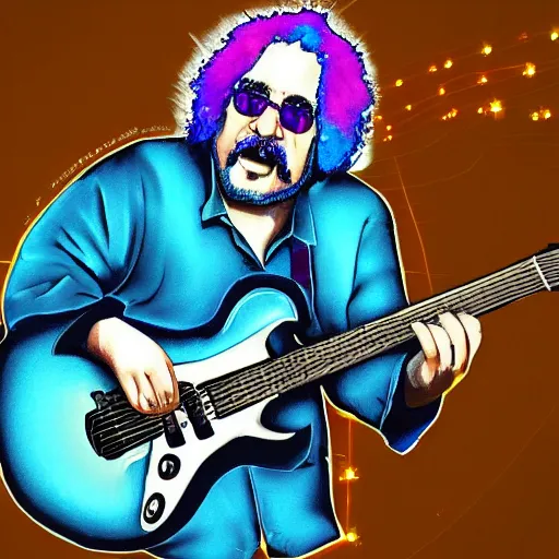 Image similar to a Jerry Garcia guitarist playing so intensely there is electricity shooting out from his guitar, energy beams under his finger tips, and magic sparkles from the freboard, amazing ditial art, trending on artstation, featured on deviantart