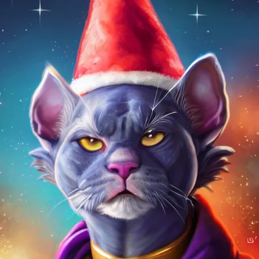 Prompt: an oil painting of a beerus the god of detruction wearing a christmas hat, by artgerm, hd, hdr, ue 5, ue 6, unreal engine 5, realistic 3 d style, cinematic 4 k wallpaper, 8 k, ultra detailed, gta 5 cover art, high resolution, artstation, award winning