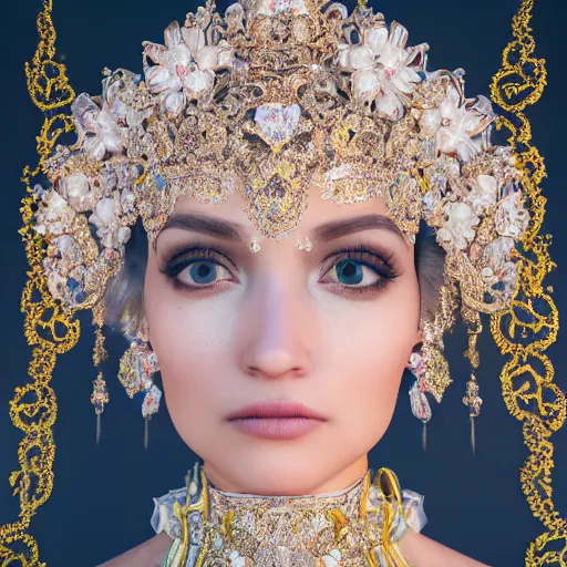 Image similar to portrait of pretty princess with perfect skin, glowing, ornate and intricate diamond jewelry, jaw dropping beauty, ornate and intricate backdrop, white accent lighting, hyper detailed, 4 k octane render