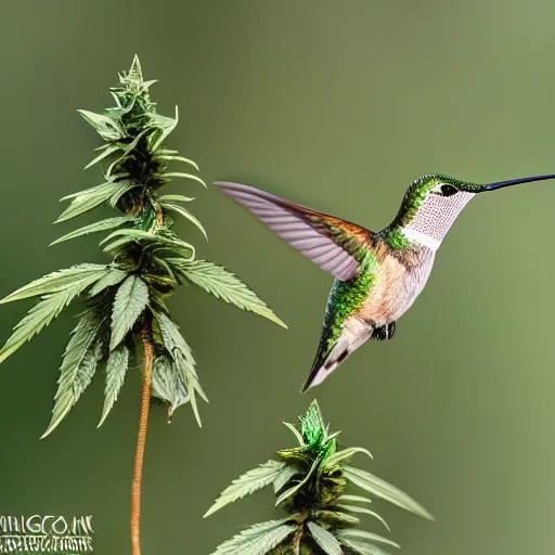 Image similar to beautiful hummingbird drinking from a marijuana plant, wildlife photography, highly detailed, high quality, 8 k, soft lighting,