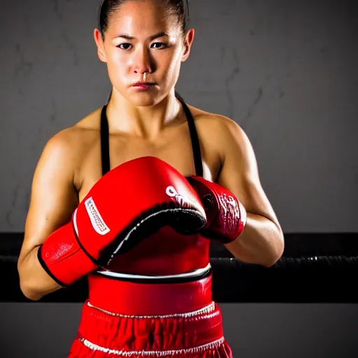 Prompt: a female kickboxer practicing with a heavy bag, flash photography, medium format sports illustrated award winning boxing photo