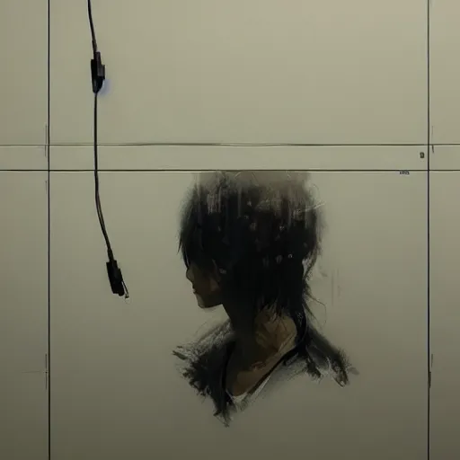 Image similar to portrait of lain iwakura connected to a room full of cables computers and displays by ruan jia and joao ruas. atmospheric