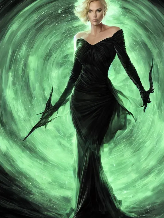 Image similar to Charlize Theron as an evil witch in a black dress casting a green spell, green lighting, time warping, D&D, fantasy, highly detailed, digital painting, trending on artstation, concept art, sharp focus, illustration, art by artgerm and greg rutkowski and magali villeneuve