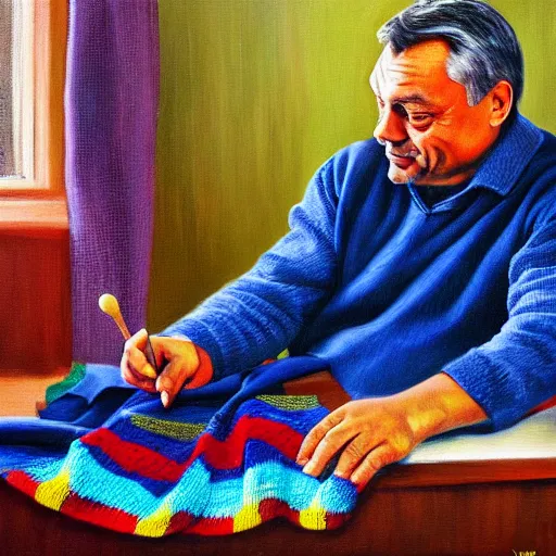 Prompt: viktor orban knitting a scarf, oil painting