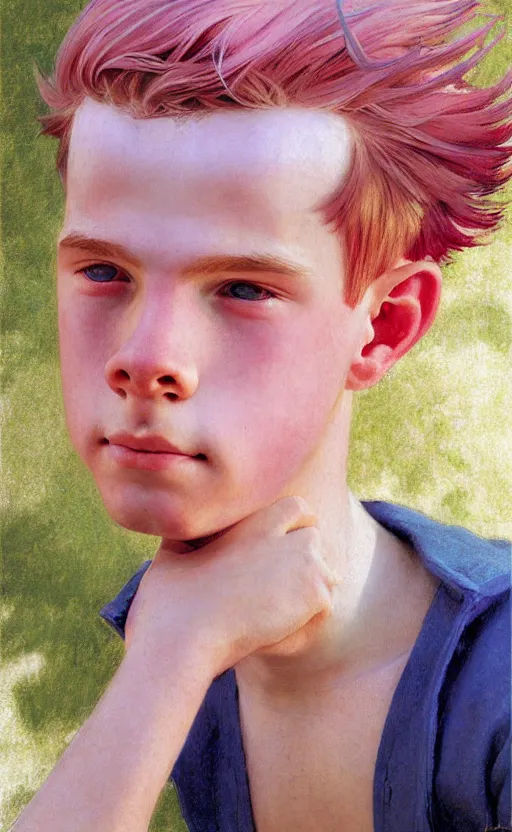 Image similar to androgynous cute pink haired teen boy wearing greek clothes, muted colors, colorful flowers, sunlight filtering through skin, j. c leyendecker, by alan lee, wlop! illustrated by starember, fantasy art by craig mullins cfg _ scale 8