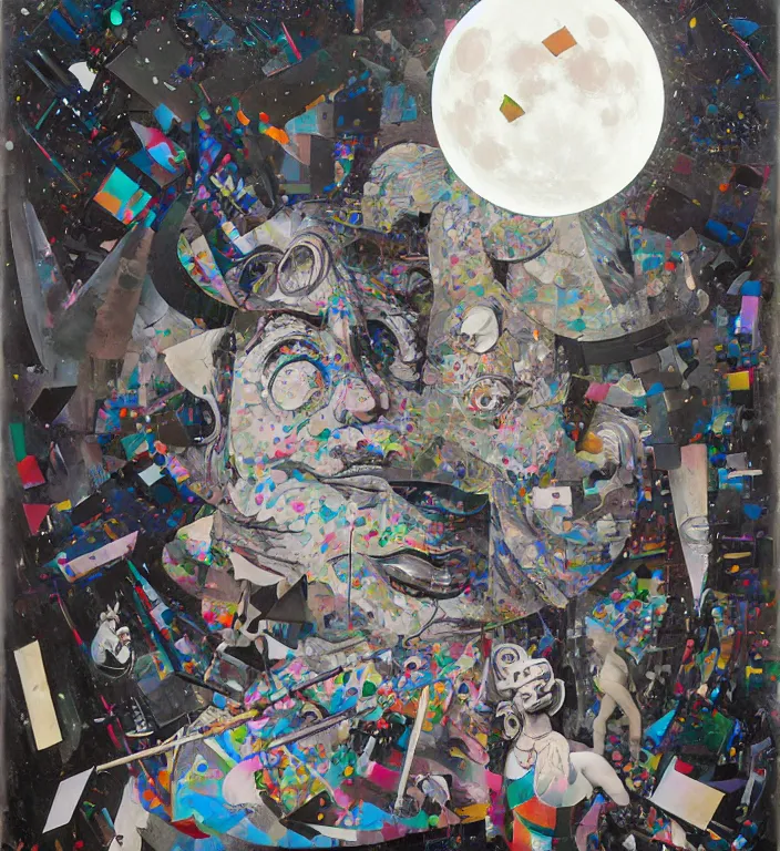 Image similar to decollage painting old white - headed man under the huge moon on a street of ruined city by adrian ghenie and takato yamamoto and edward hopper and mark ryden and tsutomu nihei, part by bridget riley, acrylic pour and splashing paint, very coherent, baroque elements, perfect anatomy, intricate design. pop art.