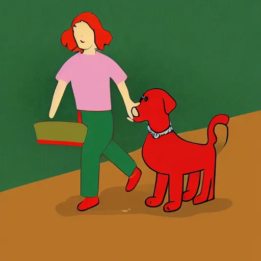 Prompt: girl carrying a large garbage bag while following clifford the big red dog, illustration,