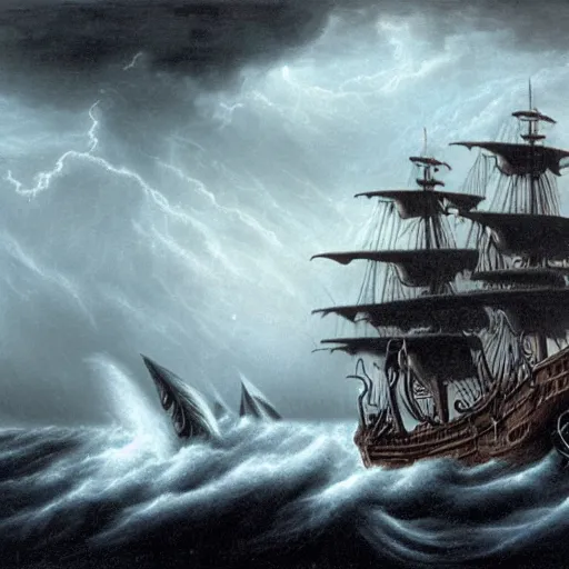 Image similar to a highly detailed scene of a ship being attacked by giant squid tentacles, dark, voluminous clouds, thunder, stormy seas, pirate ship, dark, high contrast