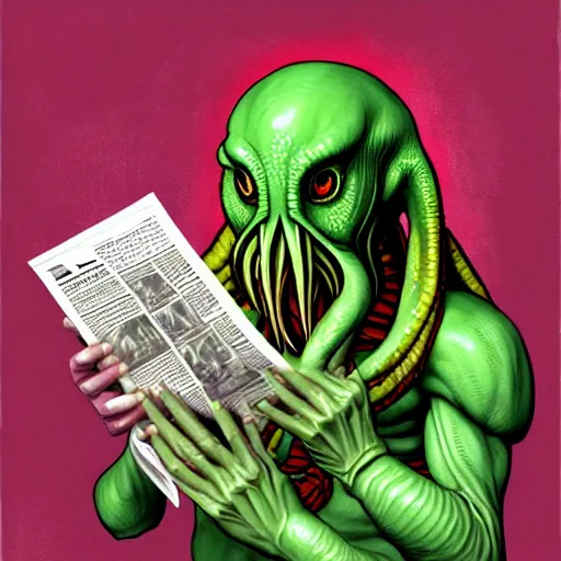 Prompt: humanoid cthulhu vis sitting on a toilet, he is reading a newspaper. the location is a pink and girlish bathroom. The mood is friendly and welcoming. dungeons and dragons style, highly detailed, digital painting, artstation, concept art, sharp focus, illustration, art by Sandro Botticelli and Michelangelo and leonardo da vinci